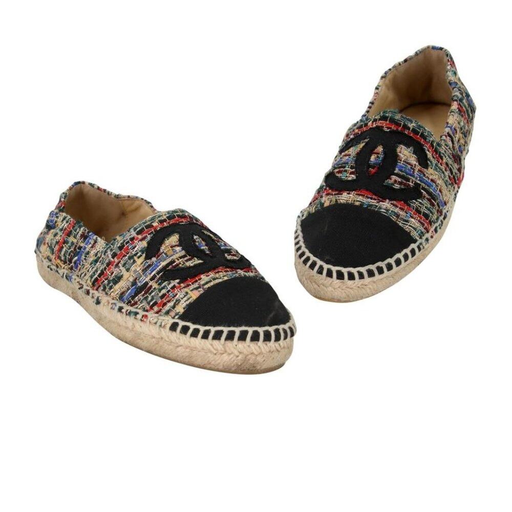 Chanel Espadrille 38 Tweed Canvas Leather Cc Cap-toe Flats CC-0602N-0005